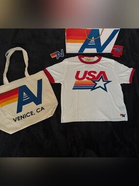 NWT Aviator Nation USA STAR Ringer Tee  - Medium + Tote bag